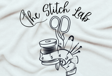 Logo with sewing notions grouped in the center