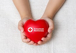 Hands holding a heart with the Red Cross logo