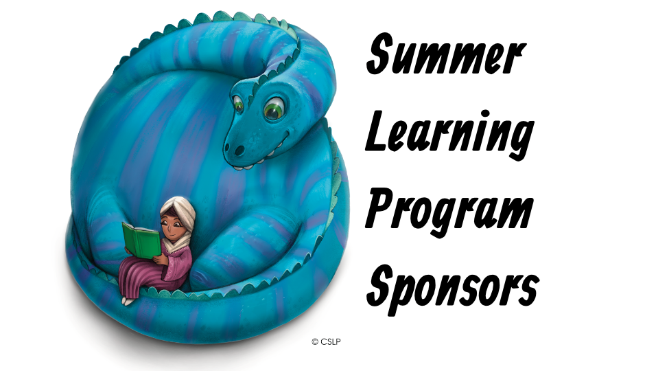 Blue dinosaur curled around child reading with the text "Summer Learning Program Sponsors."