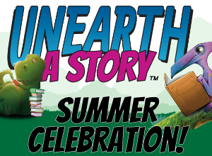 Logo for SLP Unearth a story with dinosaurs reading