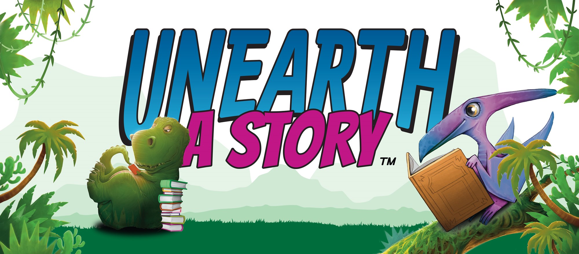 Logo for SLP Unearth a Story with dinosaurs reading