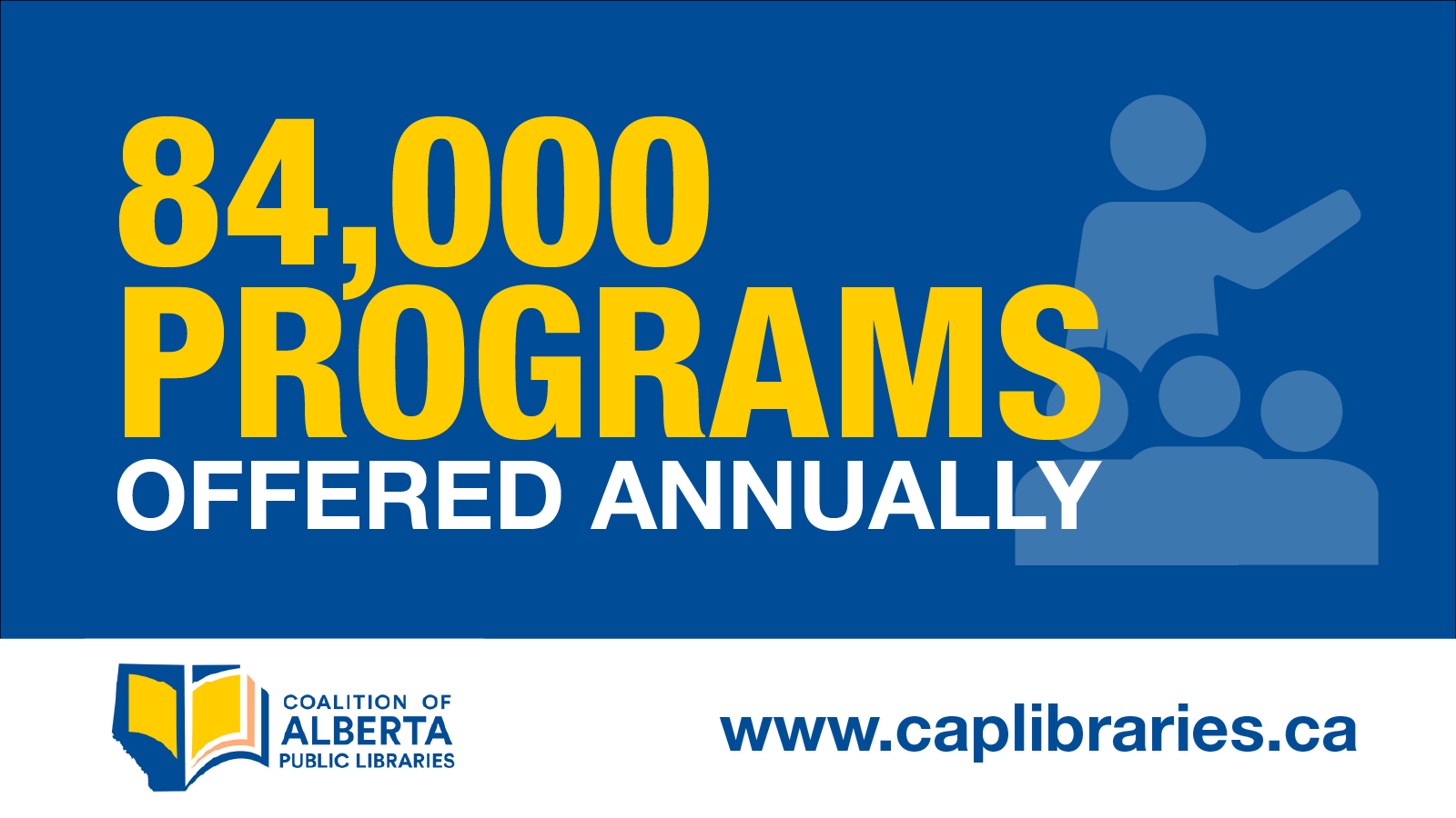 84,000 programs offered annually. Coalition of Alberta Public Libraries. www.caplibraries.ca