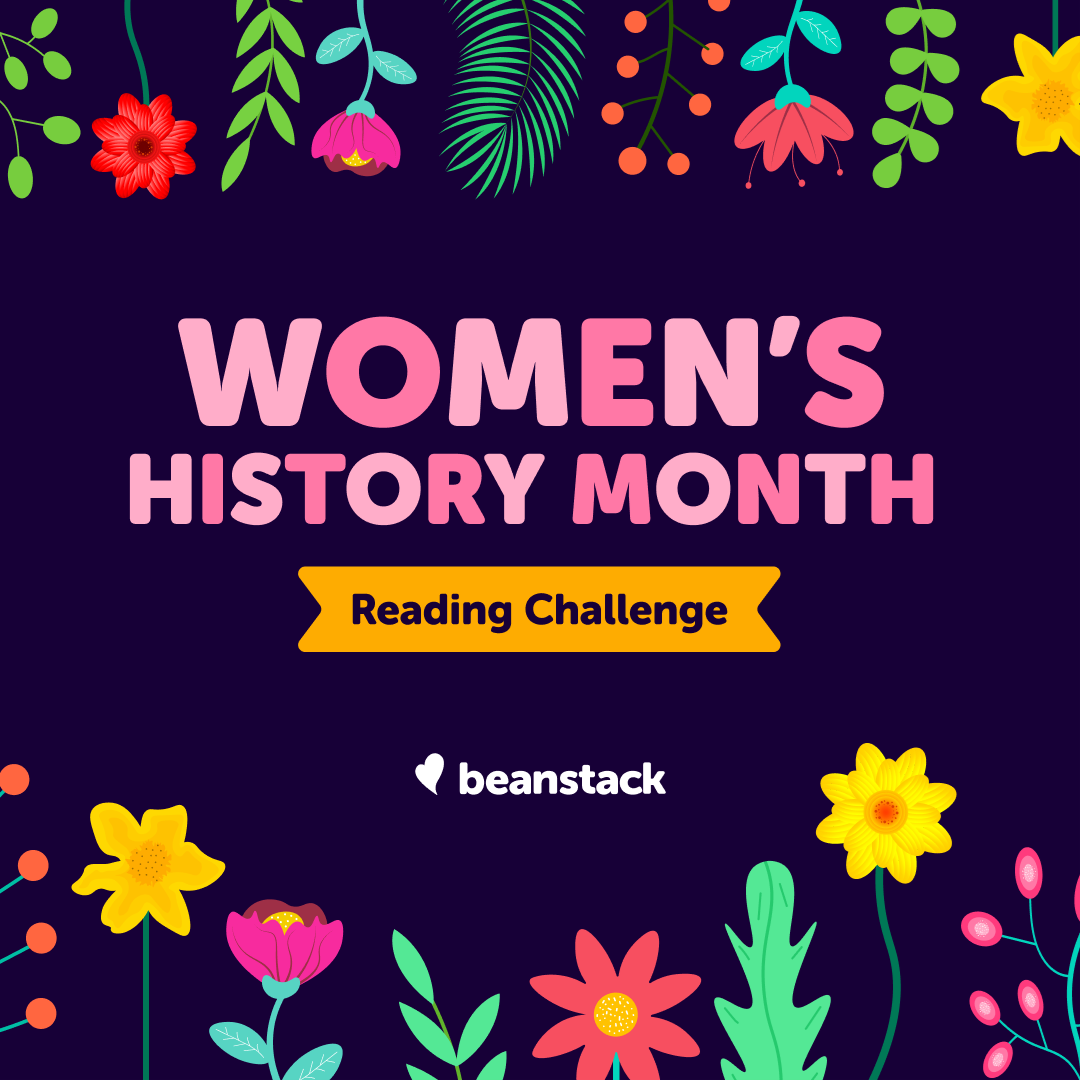 Women's History Month reading challenge graphic on dark purple background