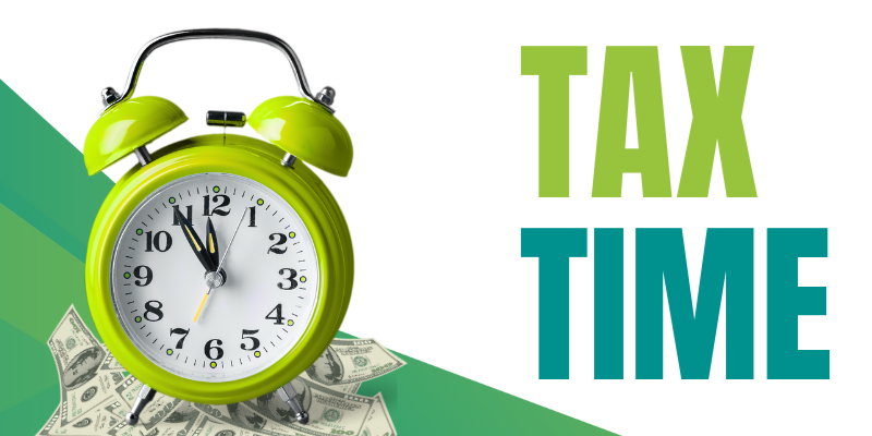 A white background with a green alarm clock on the left side of the page and the words Tax Time in green and blue on the right side of the page.