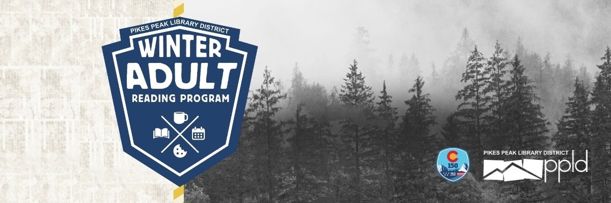 Wintery background with the Winter Adult Reading Program logo