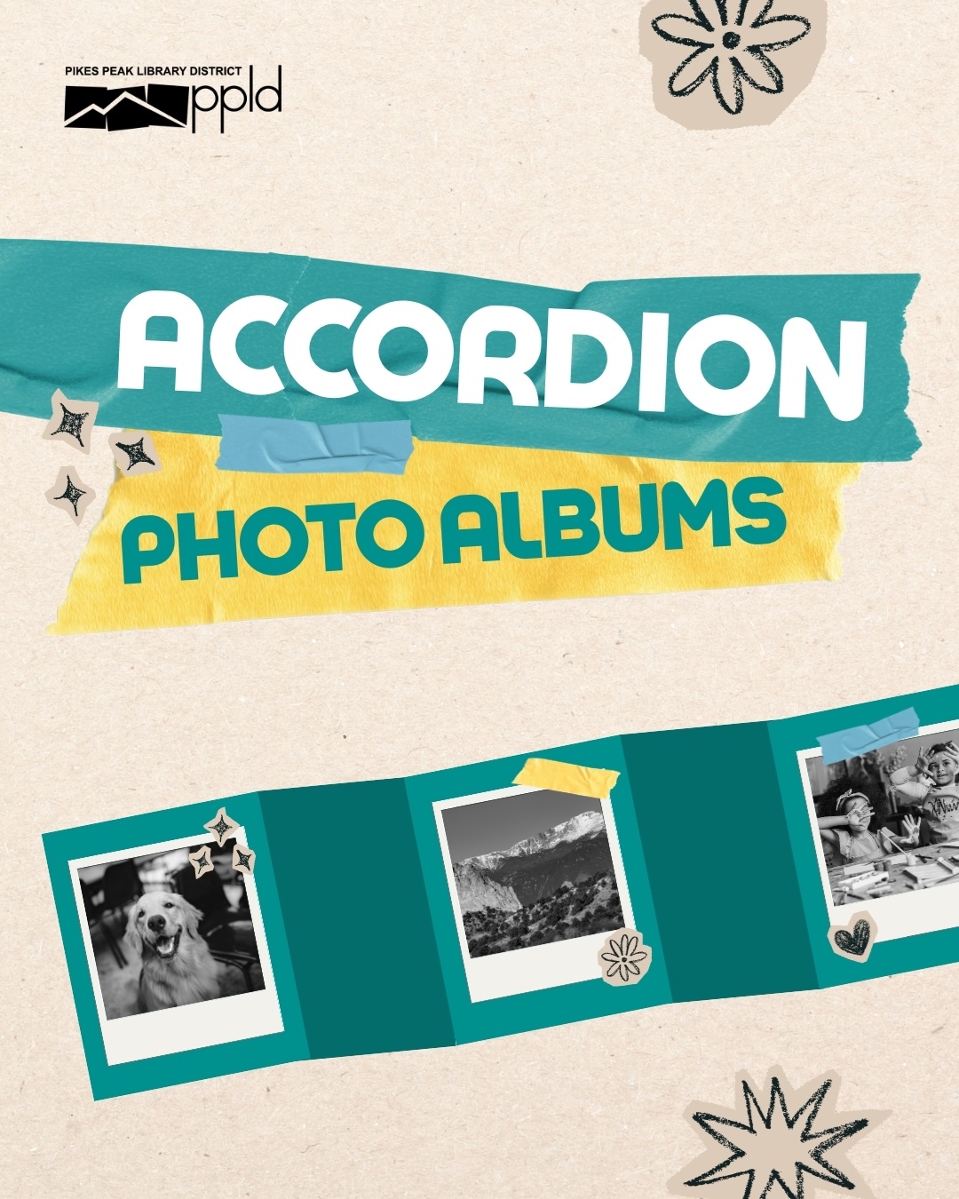 A beige background with a teal colored ribbon that says Accordion and a yellow colored ribbon that says Photo Albums.  Another teal colored ribbion with pictures on it. 