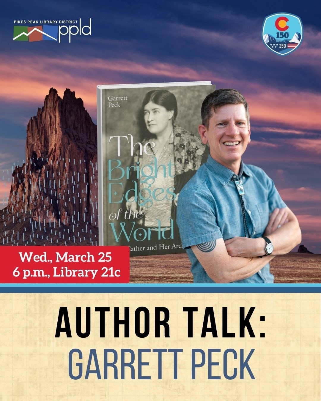 Picture of author Garrett Peck with the book cover for his book The Bright Edges of the World. 