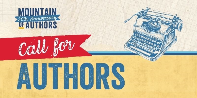A banner with  blue and white letters that says "Mountain of Authors - Call for Authors" on a backround of white, red, and beige with a typewriter drawing. 