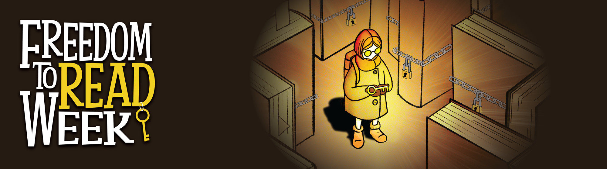 Graphic that says Freedom to Read Week with a maze of books in the background. A girl stands inside the maze, holding a key.