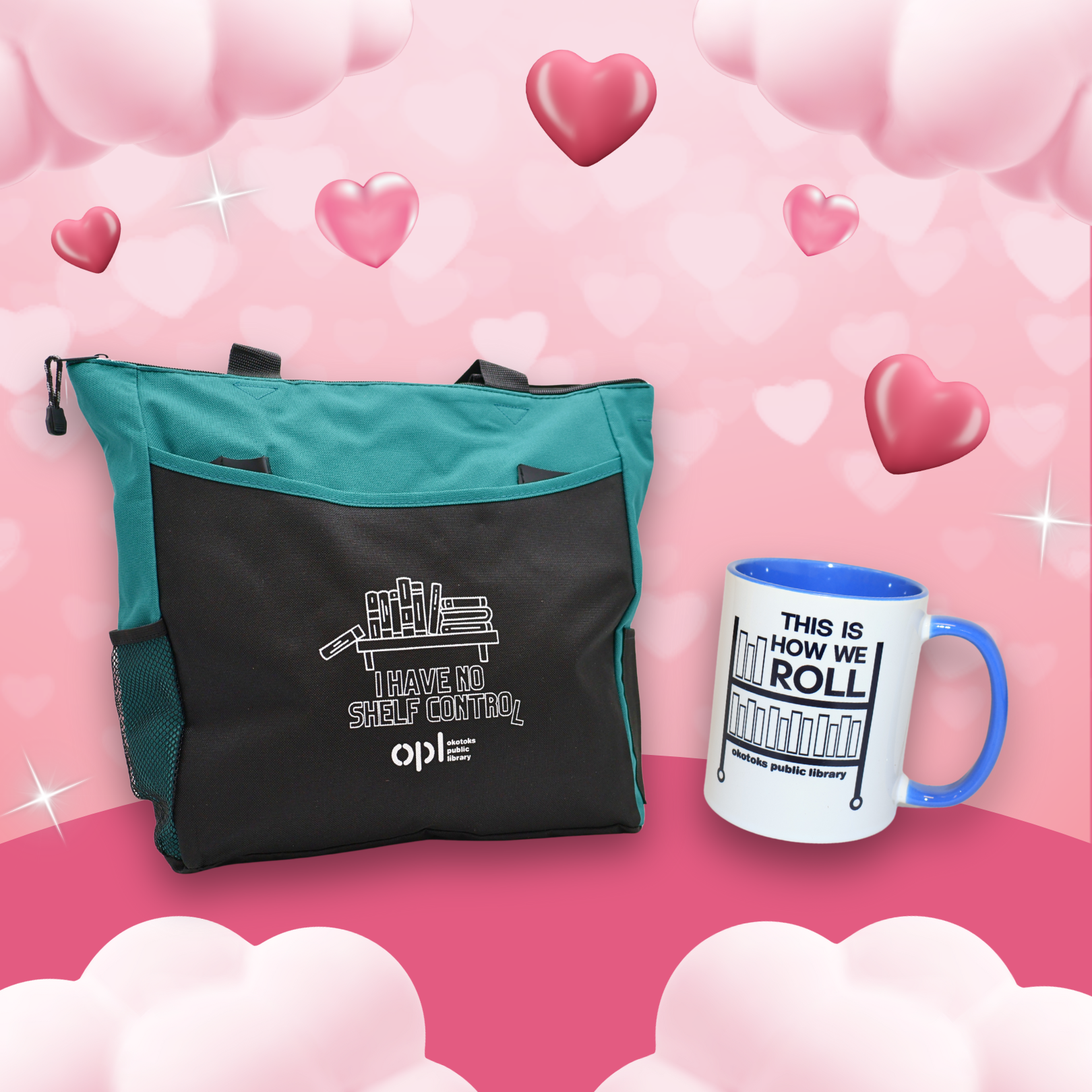 Photo of Okotoks Public Library tote bag and mug.
