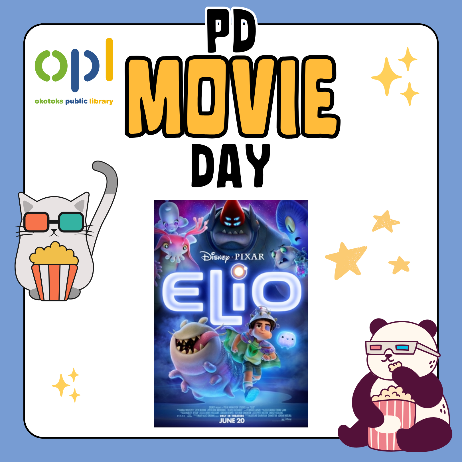 Graphic that says PD Day Movie with photo of the DVD cover for the movie Elio.