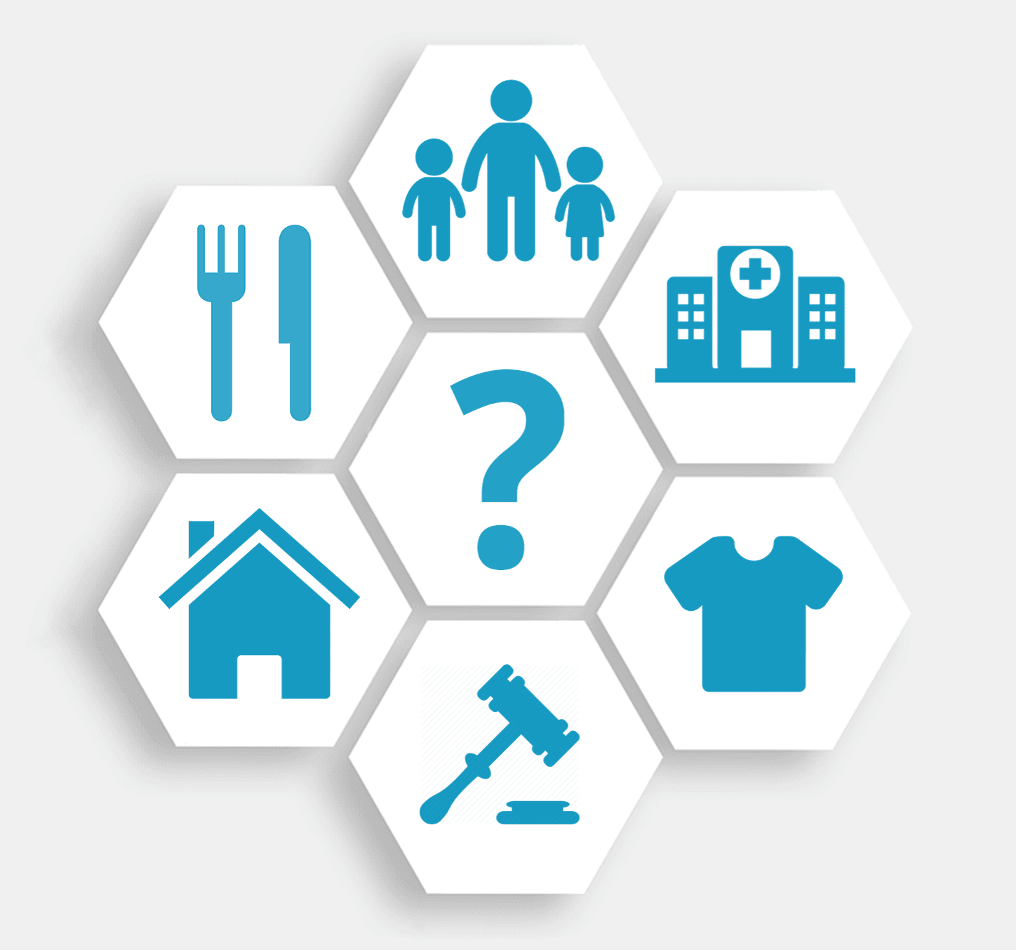 Graphic showing various symbols such as food, questions, law, housing, etc.