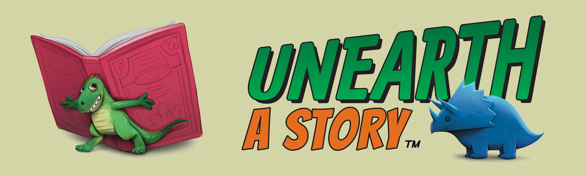 Two dinosaurs with one holding open a large book with its back with text 