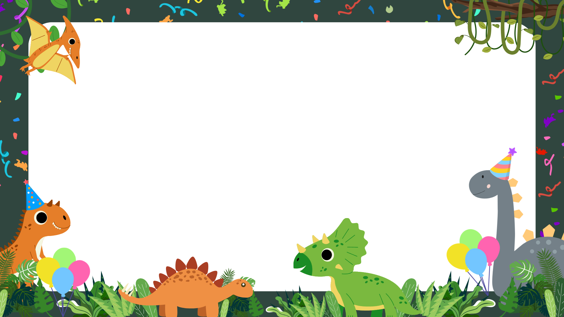 olorful cartoon dinosaurs wearing party hats around a blank space with balloons and jungle decorations