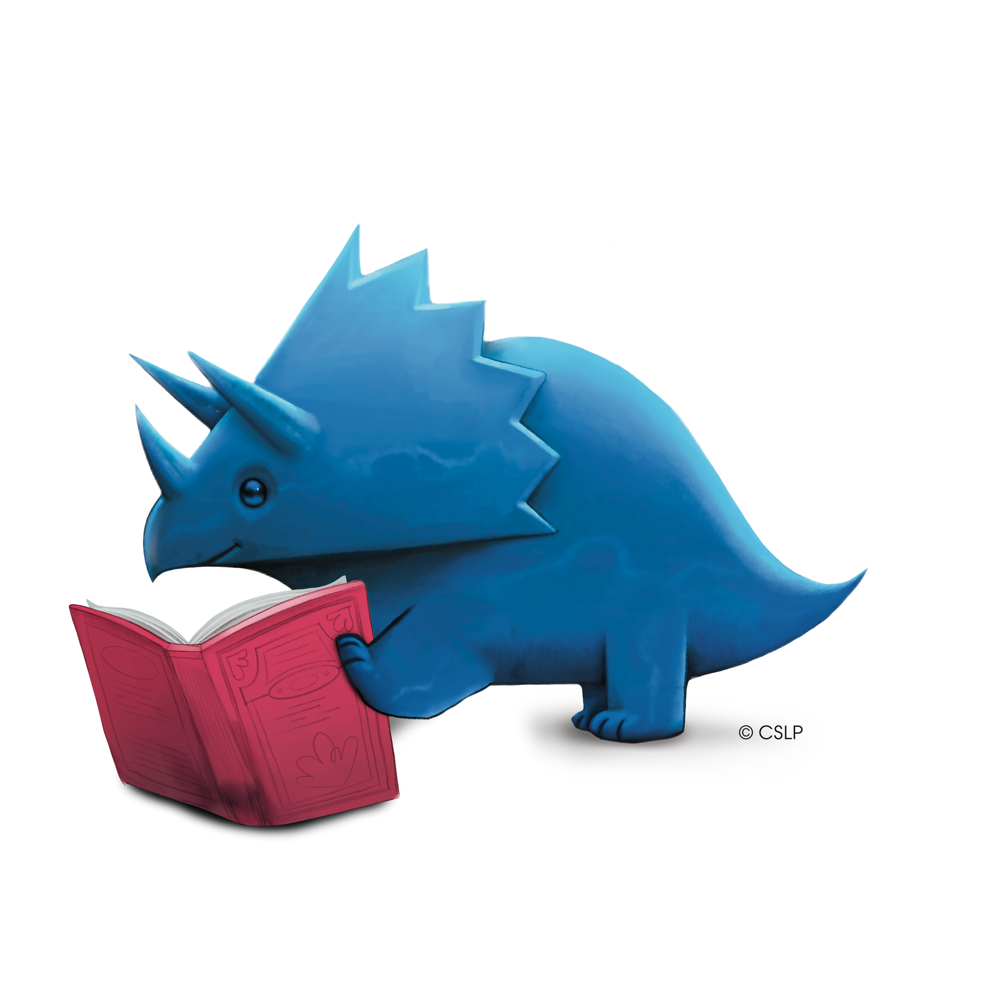 A triceratops facing left reading a book