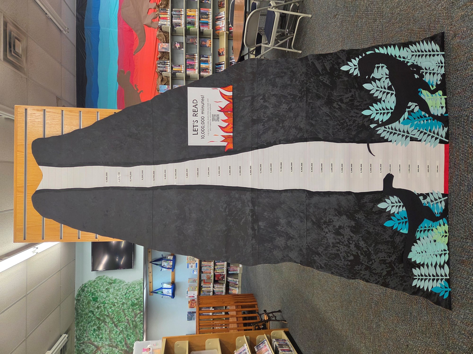 Brazoria Branch Summer Reading Challenge Volcano display for for tracking reading minutes 