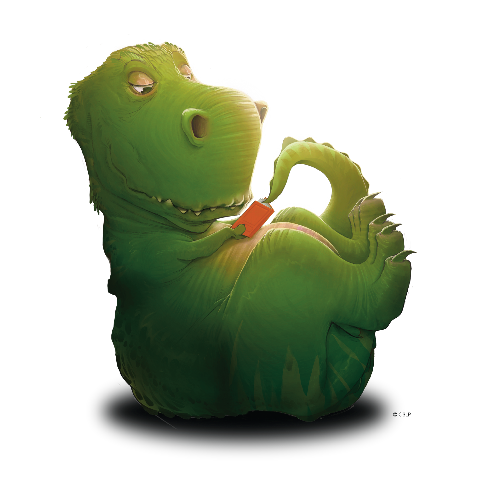 Large dinosaur reading a small book