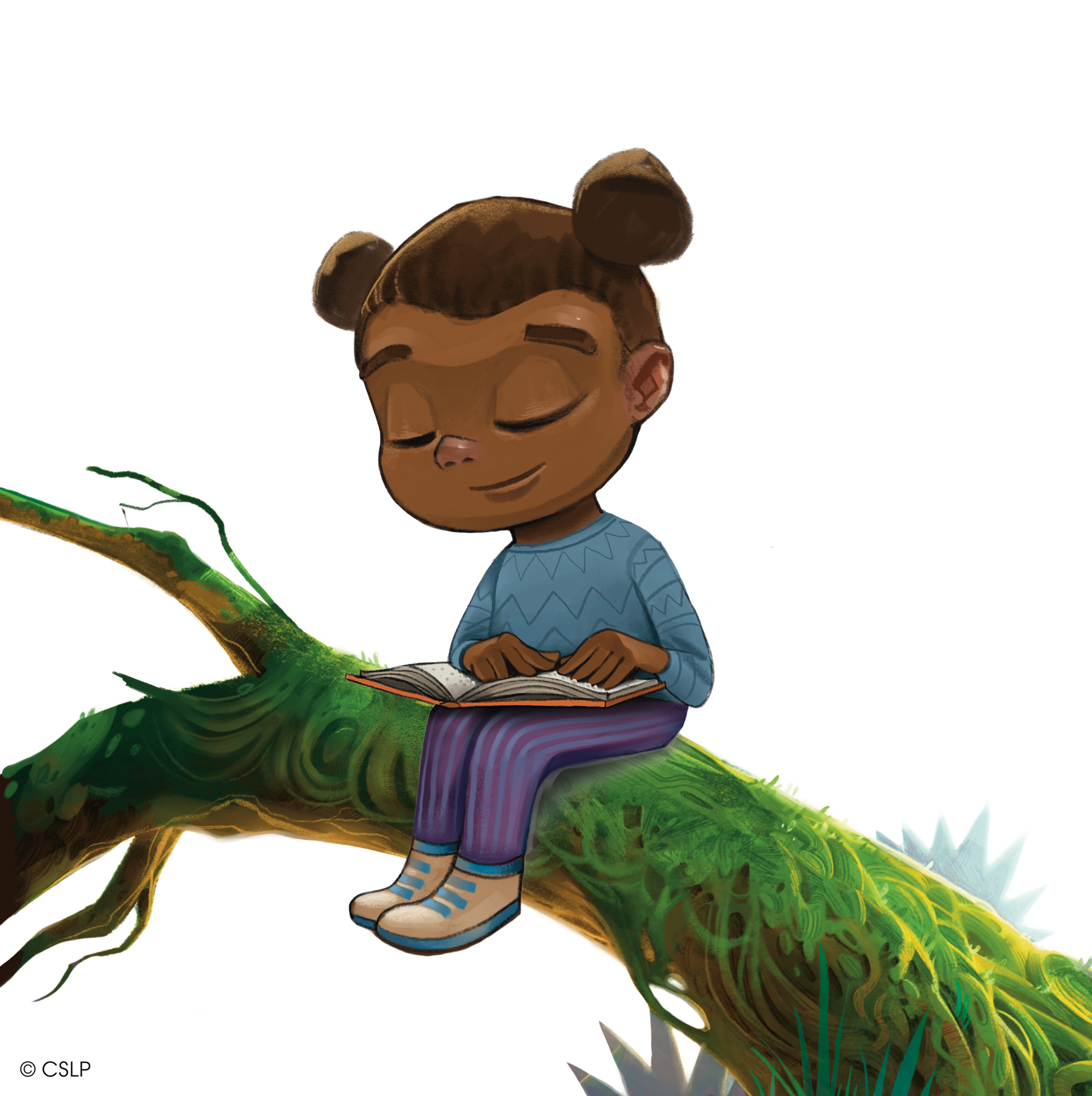 A child sitting on a moss-covered tree branch, reading a braille book.