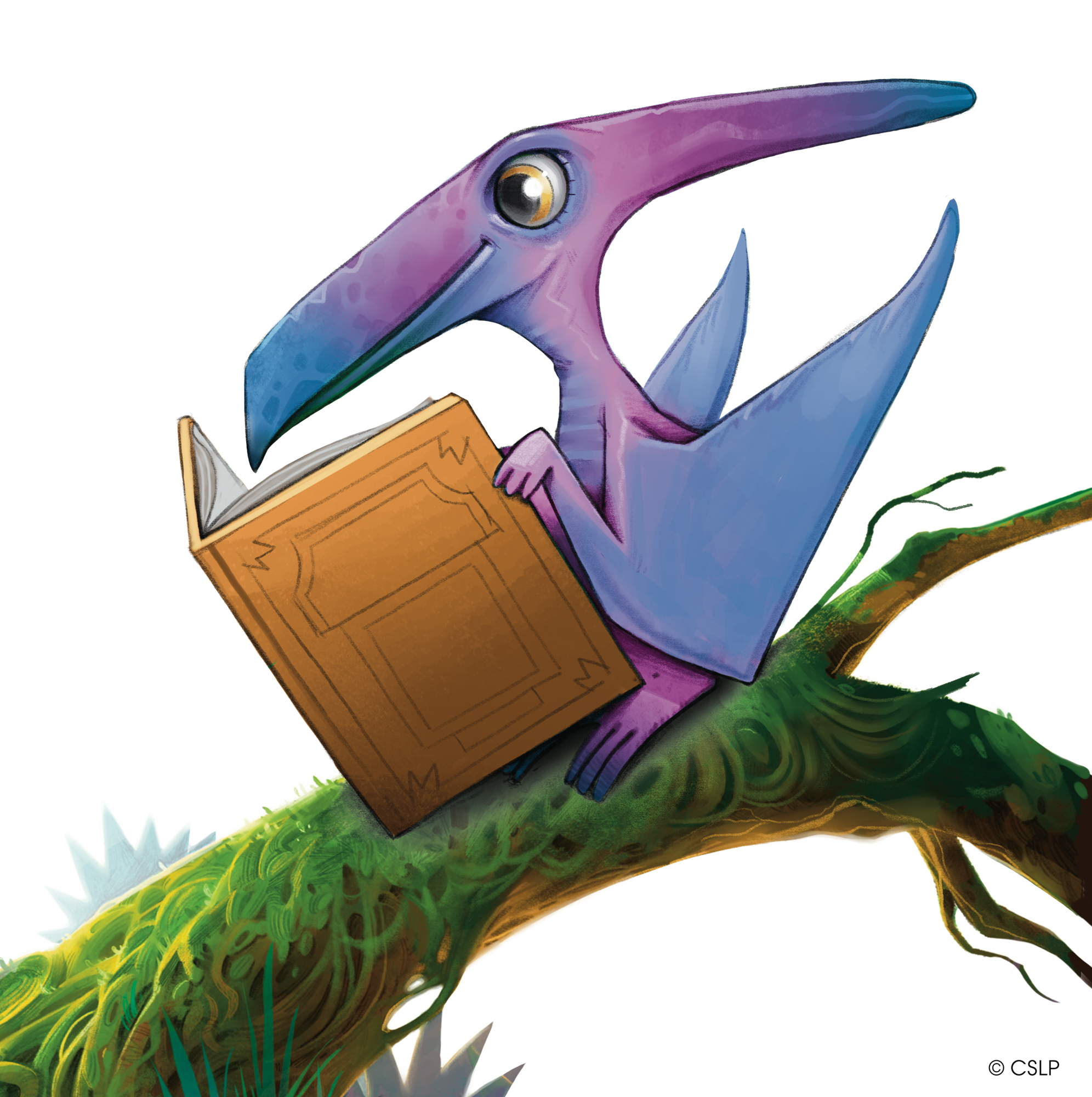 A pterodactyl reading a book on top of a mossy branch