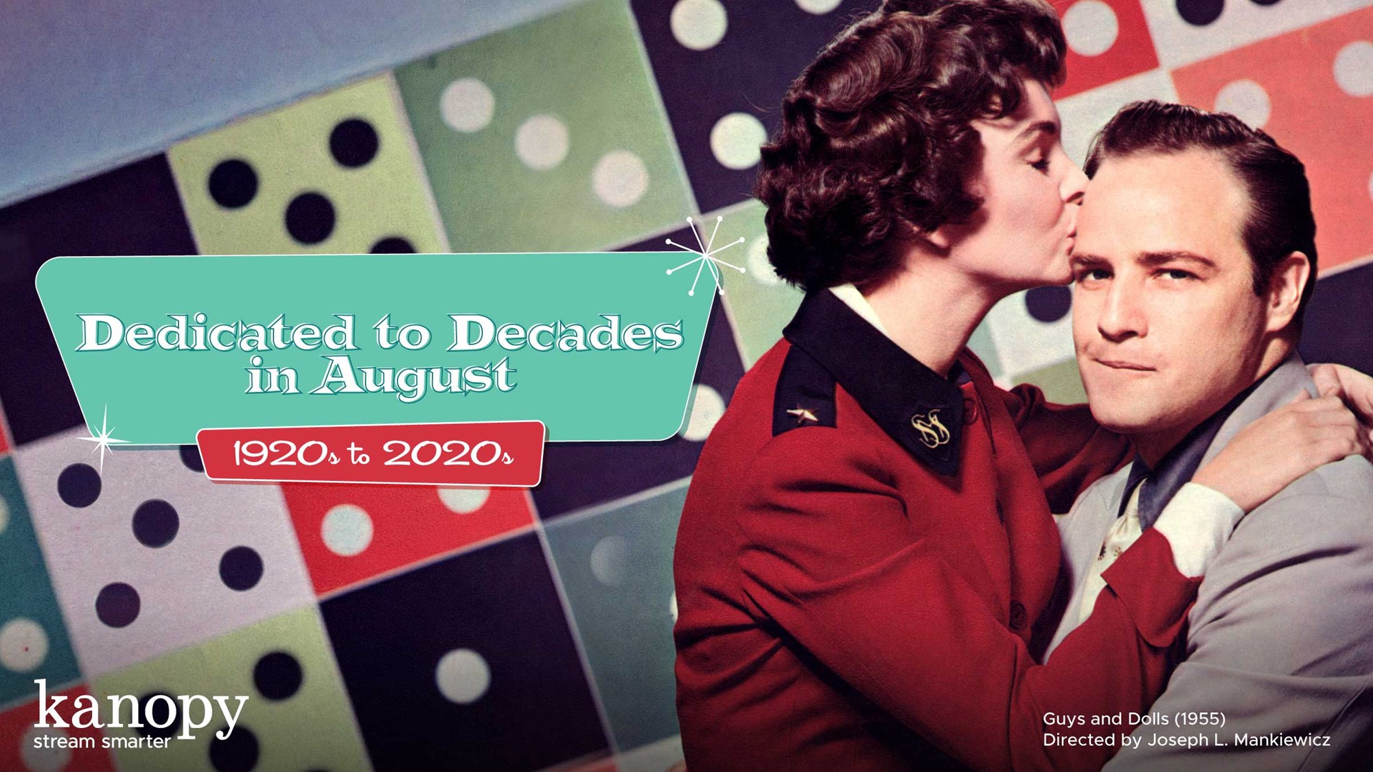 Kanopy Dedicated to Decades in August 1920s to 2020s with Guys and Dolls poster