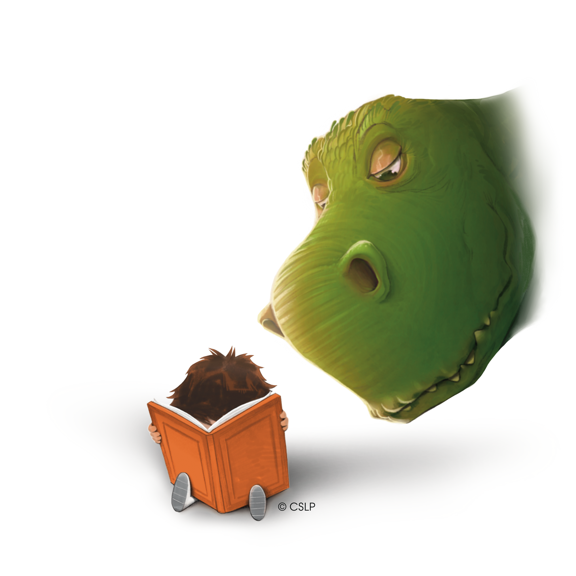 A dinosaur looking over a child reading a book.