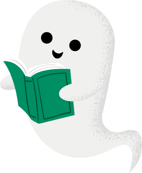 Illustration of a friendly ghost with book facing to the left