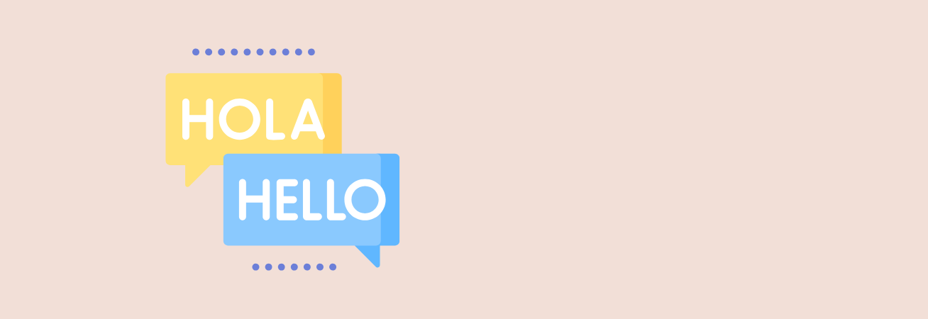 hola and hello words in speech bubbles against a light pink background