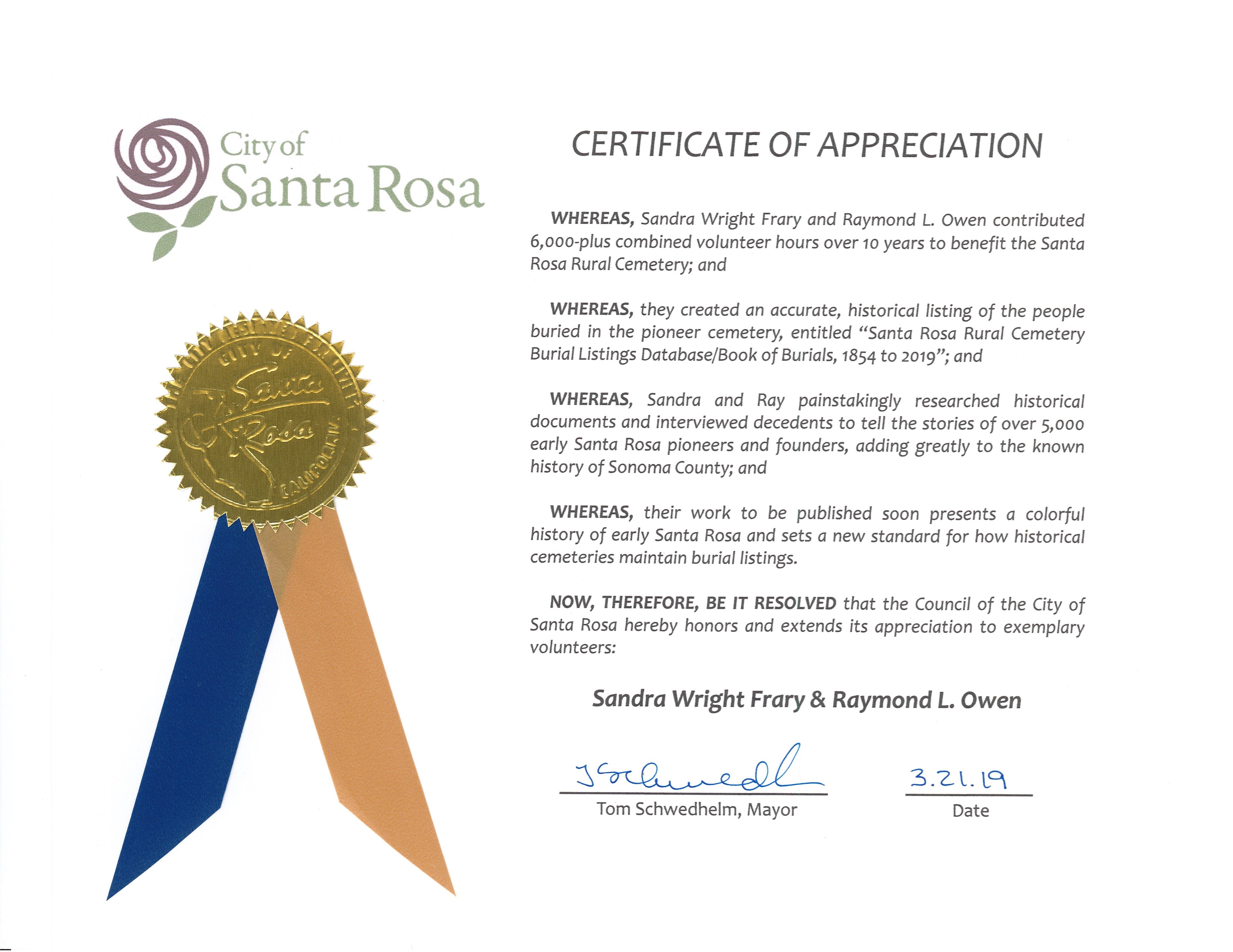 City of Santa Rosa Certificate of Appreciation