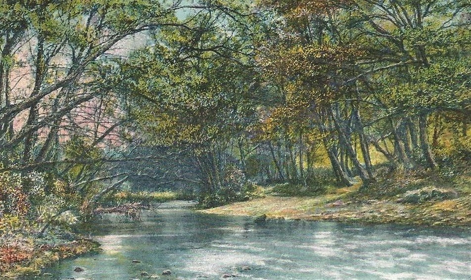 Romantic drawing of creek with trees.