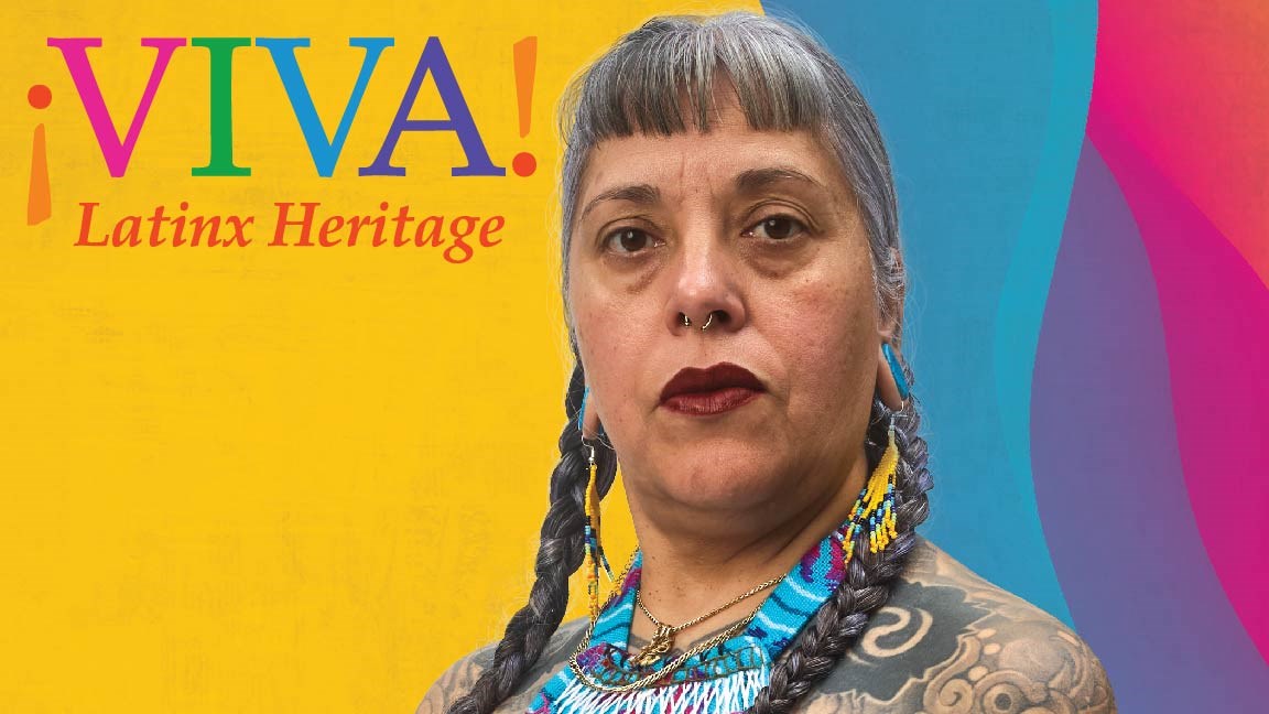 The logo of VIVA, SFPL's Latinx Heritage celebration, alongside an image of this year's co-artist, Geny Mejia, tattooed by co-artist Antonio Mejia. 