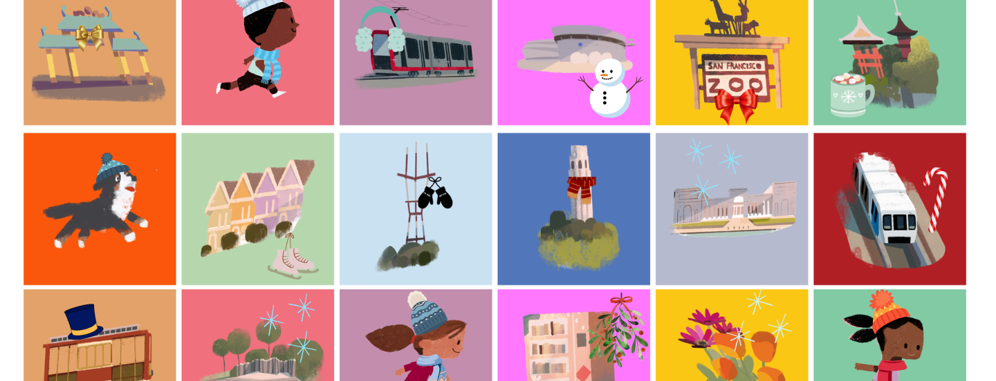 Colorful art of iconic locations across San Francisco with winter-themed accessories.