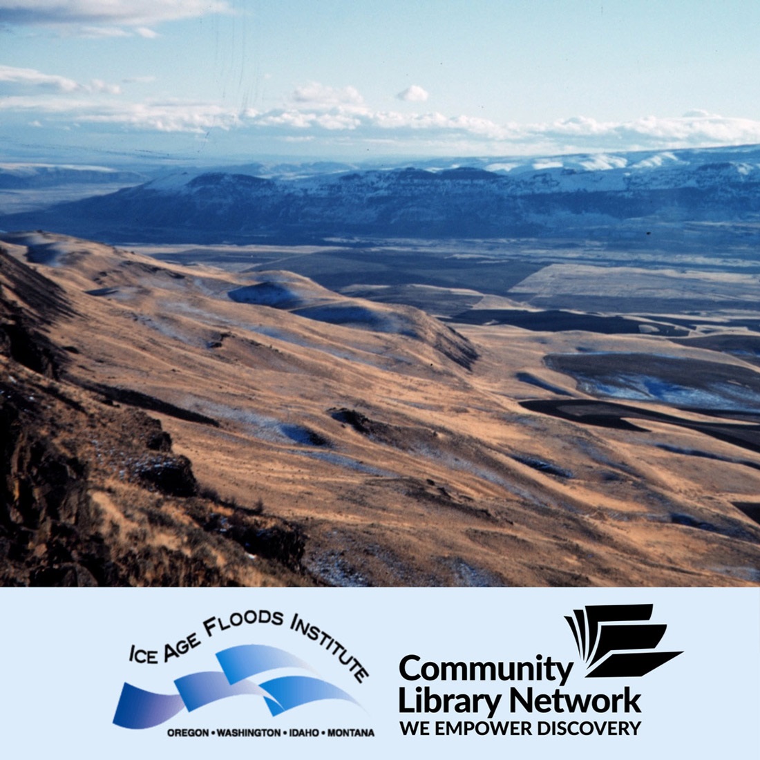 Rolling hills and broad valley shaped by Ice Age floods, the Ice Age Flood Institute and CLN logos.