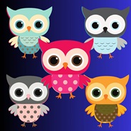 This image links to website calendar description of event.  It shows five cartoon owls in a variety of color.