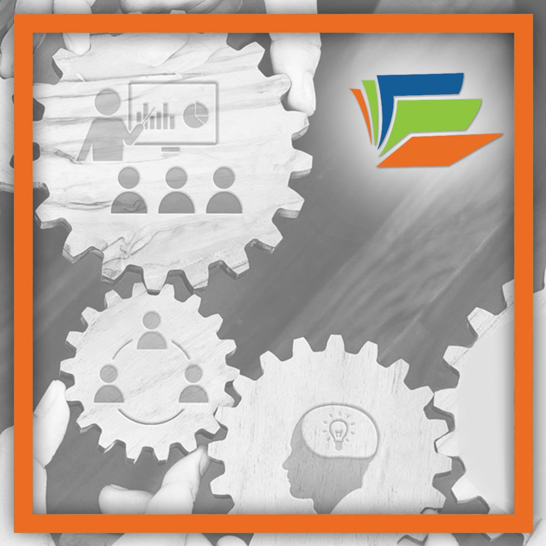 Our CLN book icon overlaying many hands holding wood gears, engraved with icons representing teams coming up with ideas.