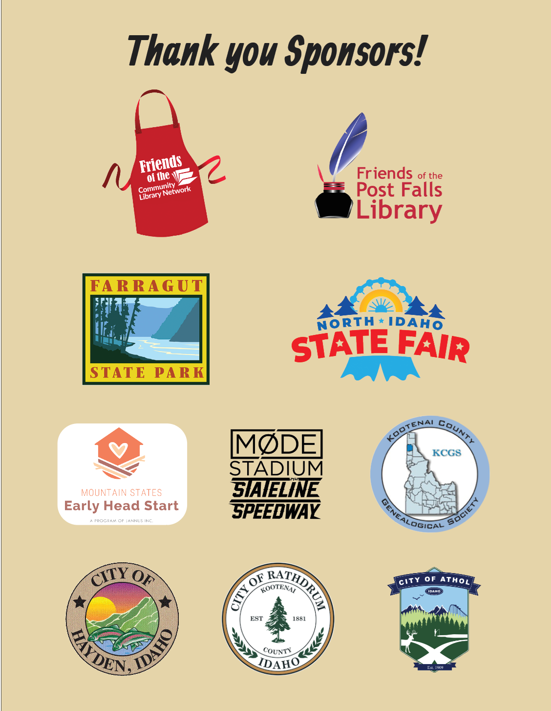 Logos Friends Groups, Farragut, State Fair, Early HeadStart, Mode Speedway, KCGS, Cities of Hayden, Rathdrum, and Athol