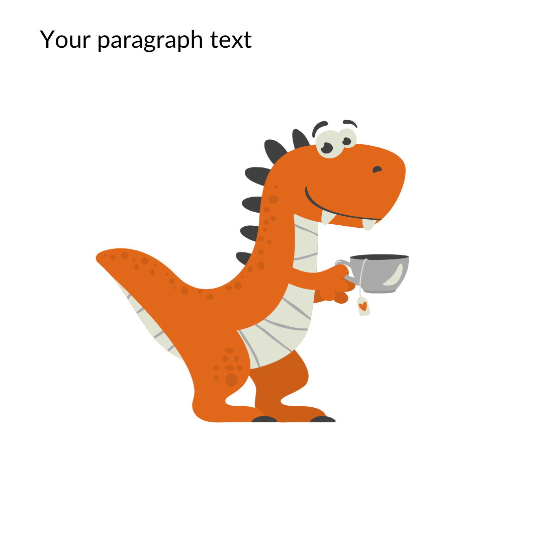 orange T-Rex holding a cup of tea