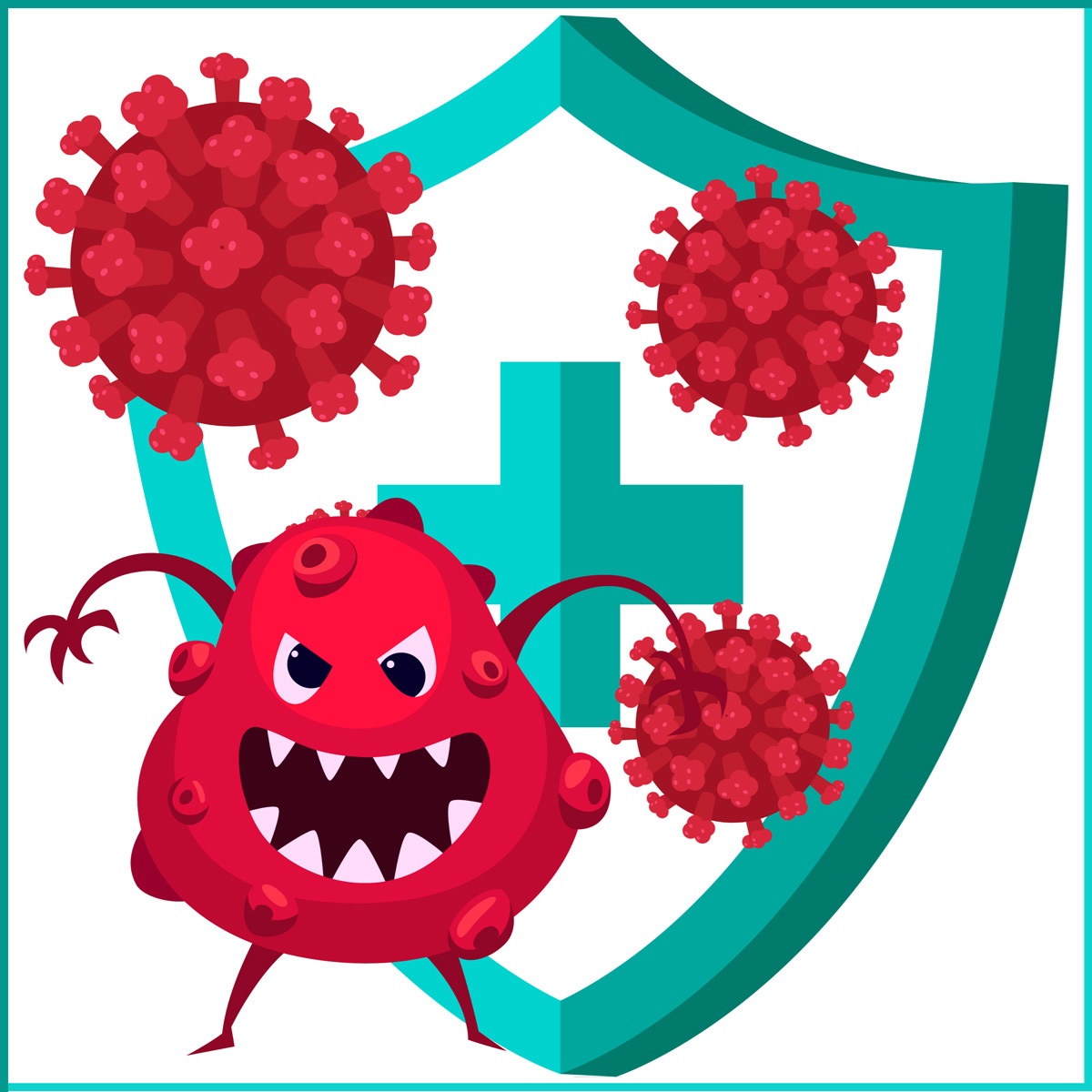 In front of a teal shield with a red cross style cross (also in teal) there is several covid virus-like structures floating.  One has teeth and legs and arms.  