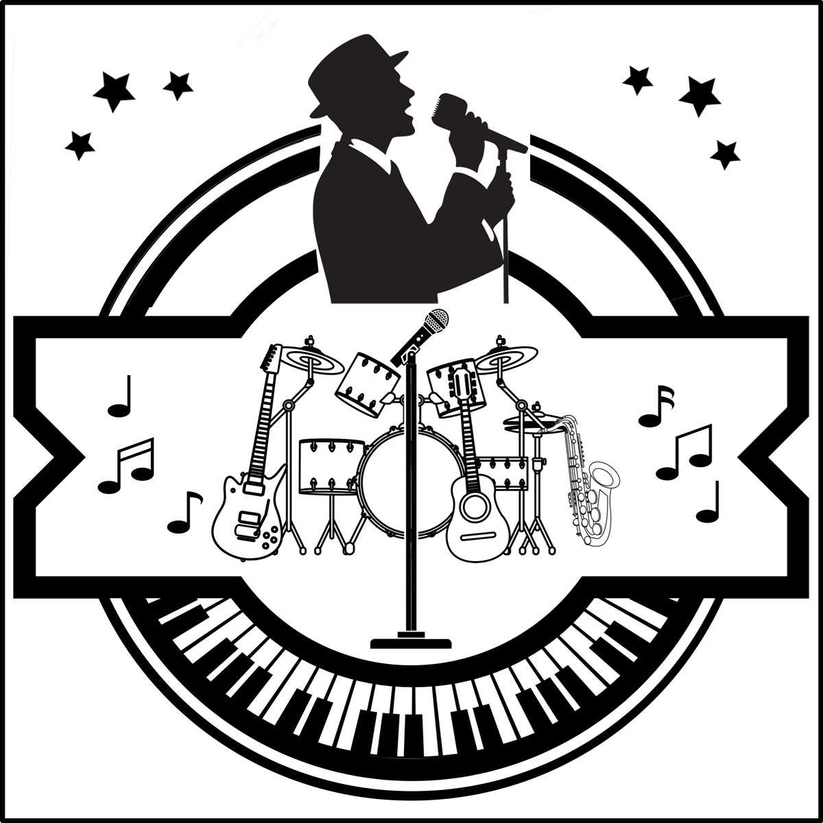 A singer with a mic, guitars, drum set, saxophone, keyboard, microphone, and musical notes.