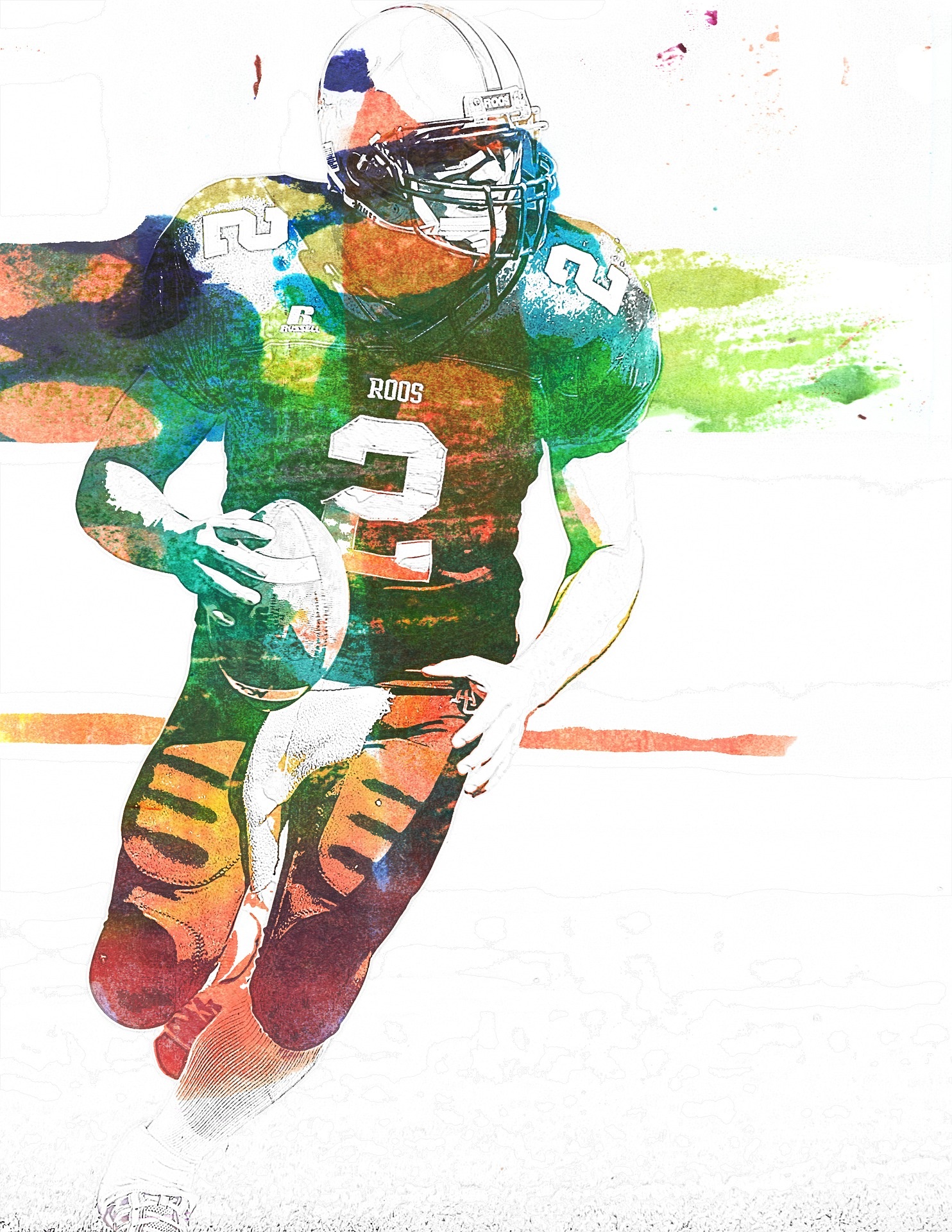 A watercolor image of a football player.