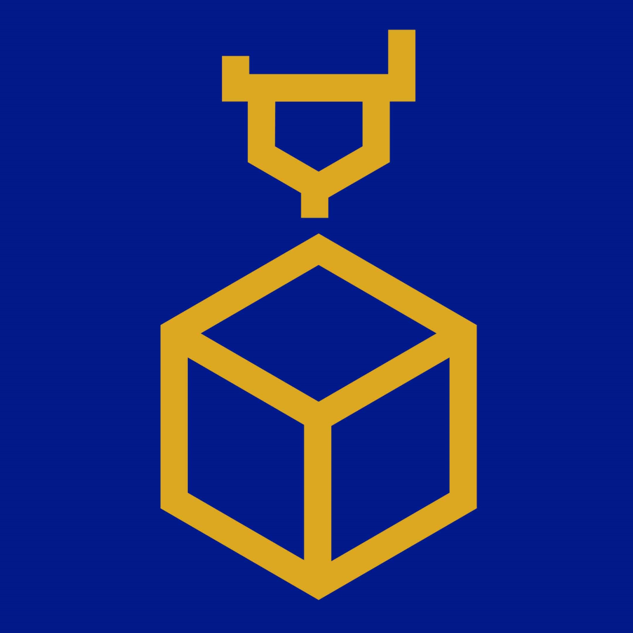 Image is of a 3d print icon in yellow on a blue background.