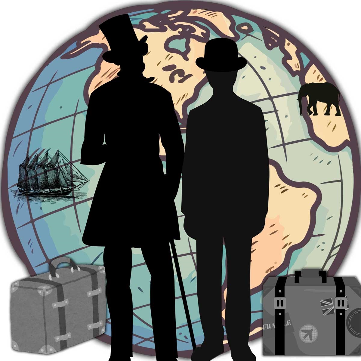 two human figures, two suitcases standing in front of large globe