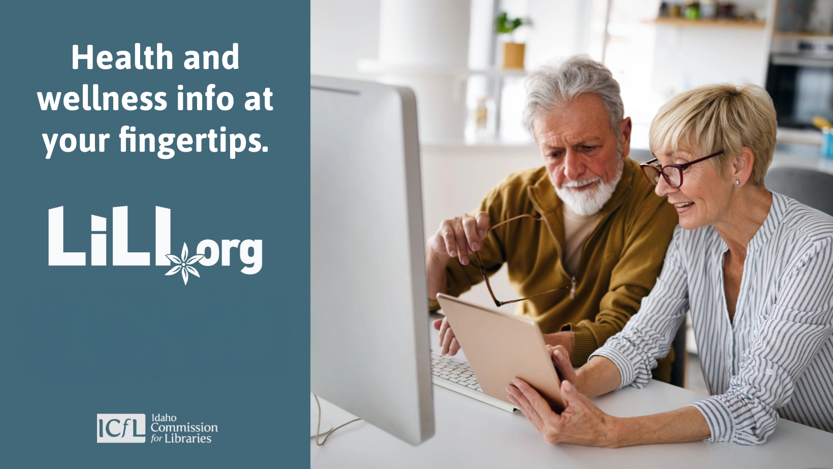 A man and woman looking at a tablet, sitting at a desk. Health and wellness infor at your fingertips, LiLi.org.