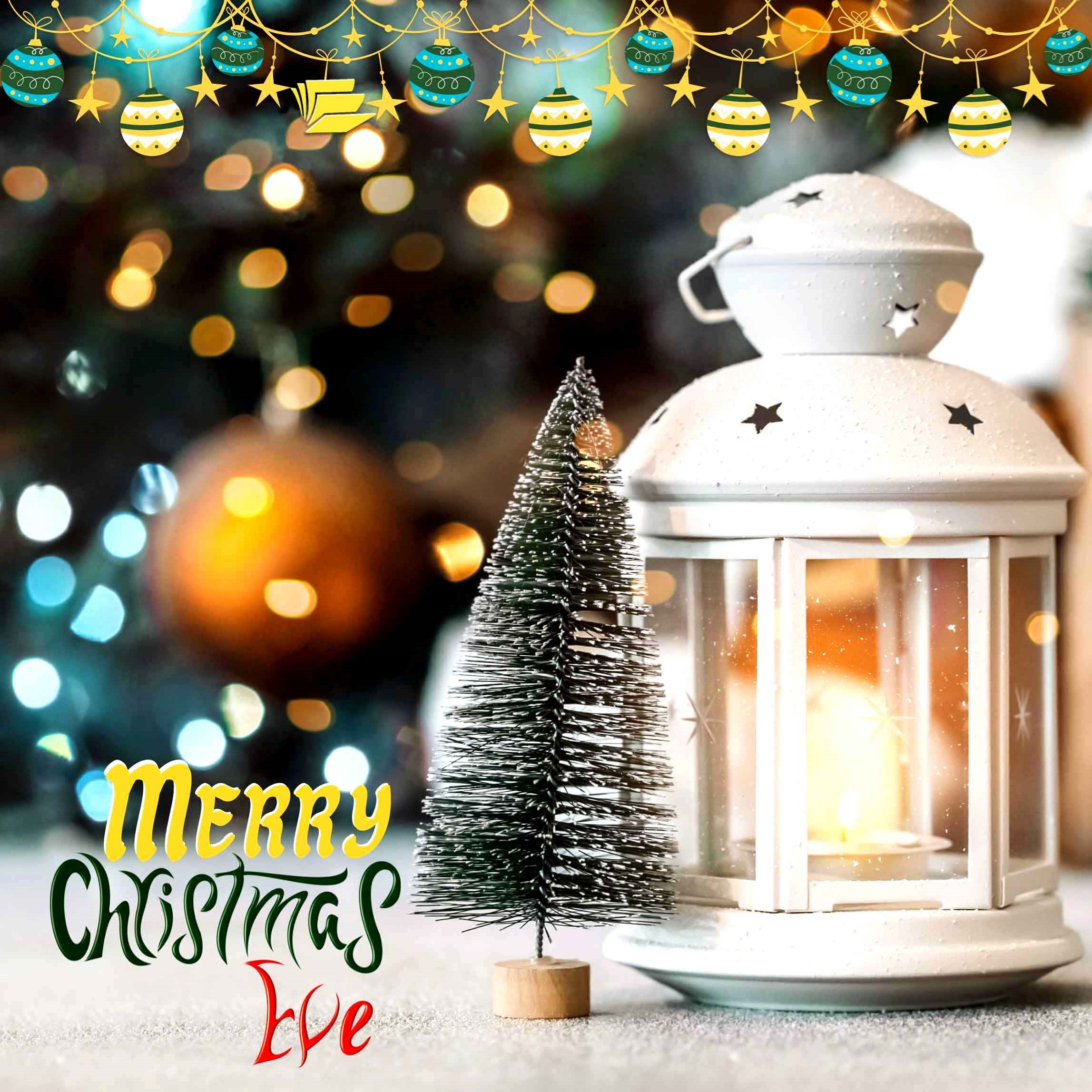 Image reads: Merry Christmas Eve with a bottle brush tree and white lantern in the background with faded lights behind. Links to external site. Opens in a new tab or window.