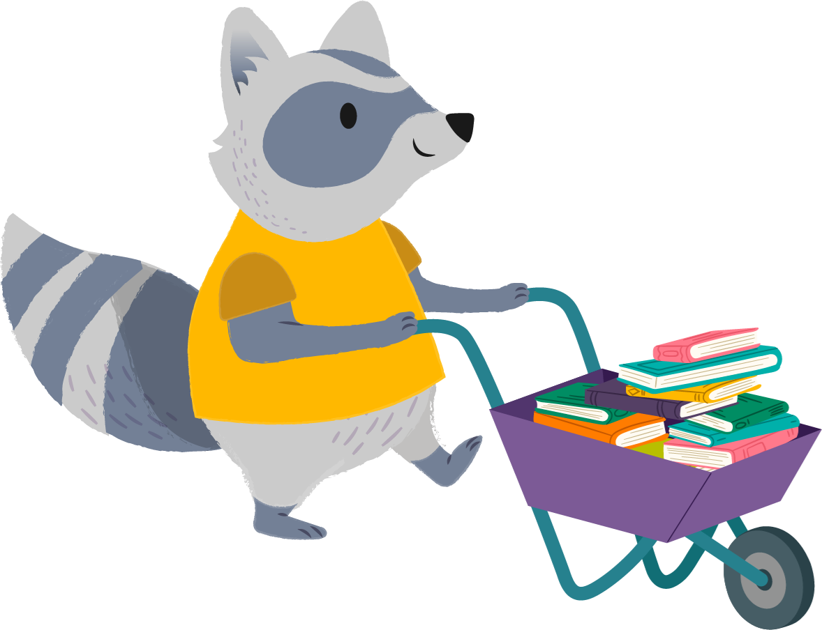 Raccoon in a yellow shirt pushing a wheelbarrow full of books.