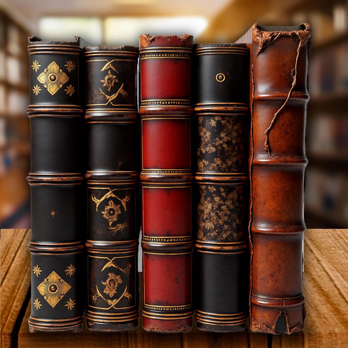 Image depicts 5 beautiful leatherbound books, spines out.