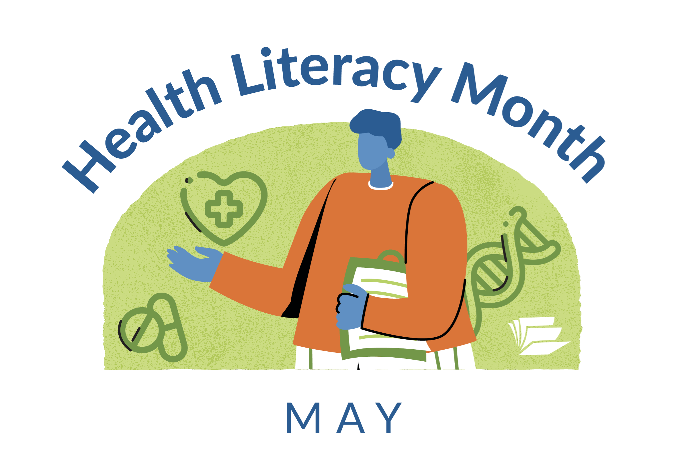 Health Literacy Month - May. Man holding clipboard surrounded by health symbols.