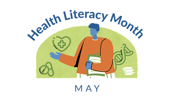 Image reads: Early Learning Literacy. April.  It depicts a young child holding a blue balloon on a green background.