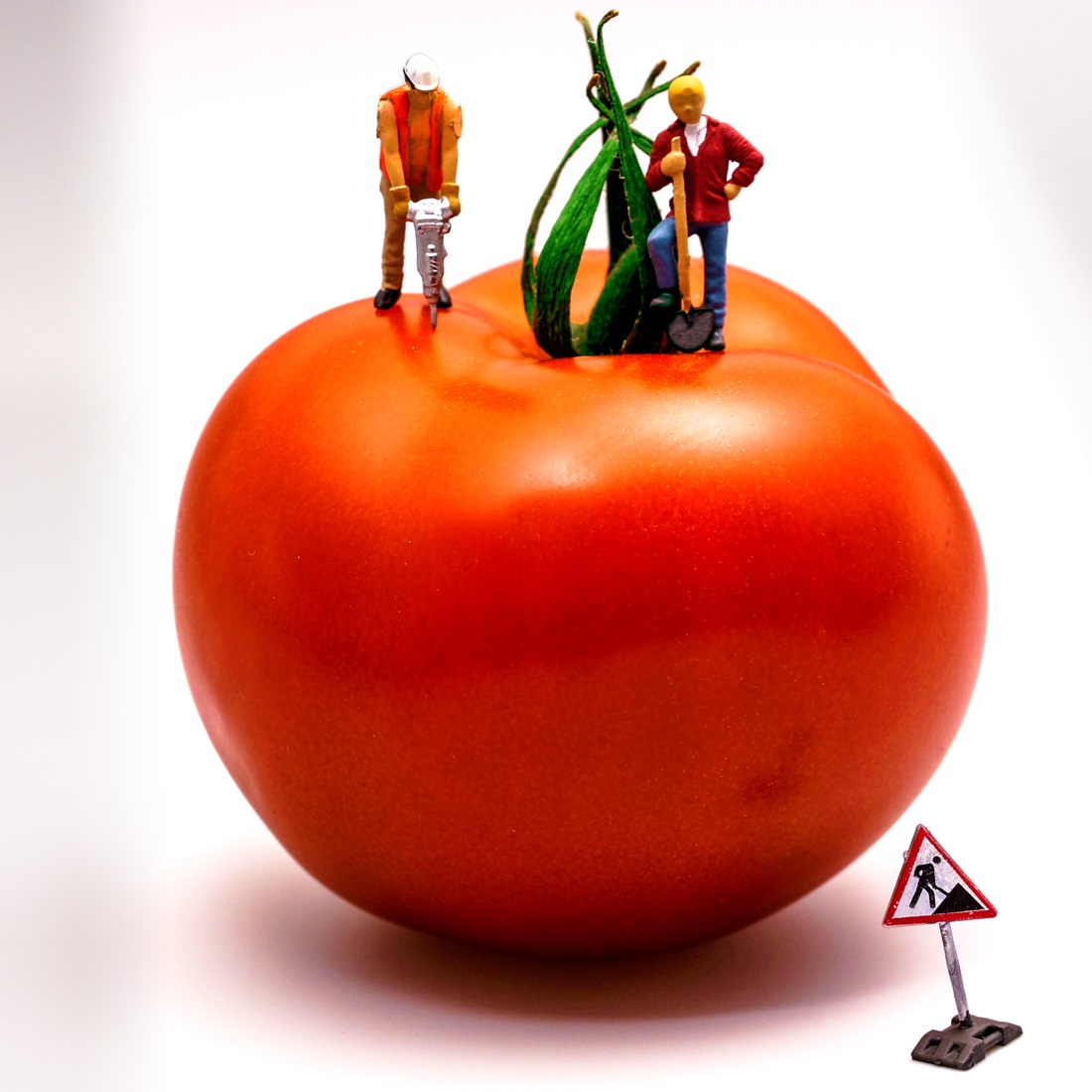 Plastic teen people figure toys on a giant tomato.