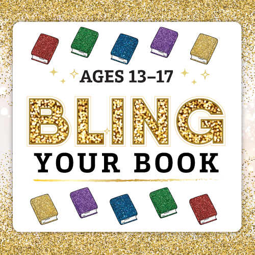 Gold glitter border around colorful books and the words BLING your book