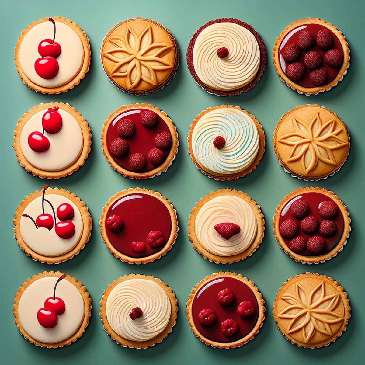 4 rows of 4 cookies.  The cookies are decorated to look like different types of pies.